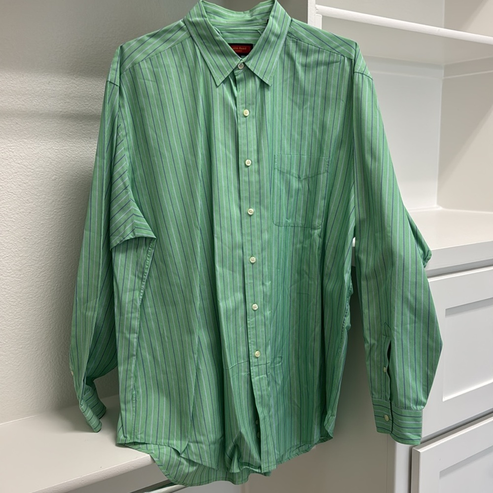 Austin Reed Men’s XL Button Down Long Sleeve Green Blue Stripe 100% Cotton Shirt - Picture 16 of 16